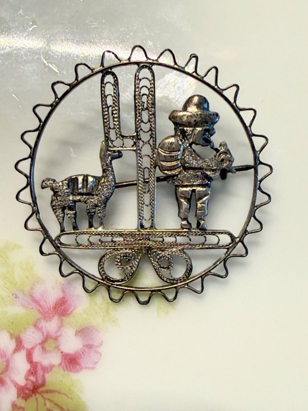 Vintage 50s Peru Sterling Brooch Filigree Man Lama Cactus
